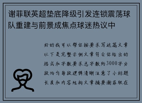 谢菲联英超垫底降级引发连锁震荡球队重建与前景成焦点球迷热议中